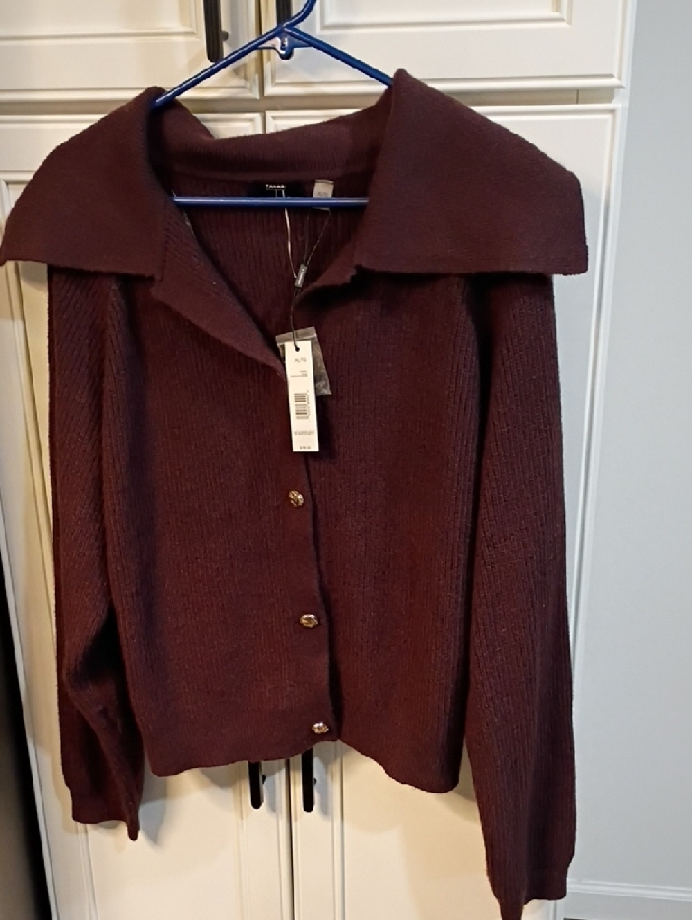 Tahari  Chocolate Brown  Wide-Collar Button Cardigan
